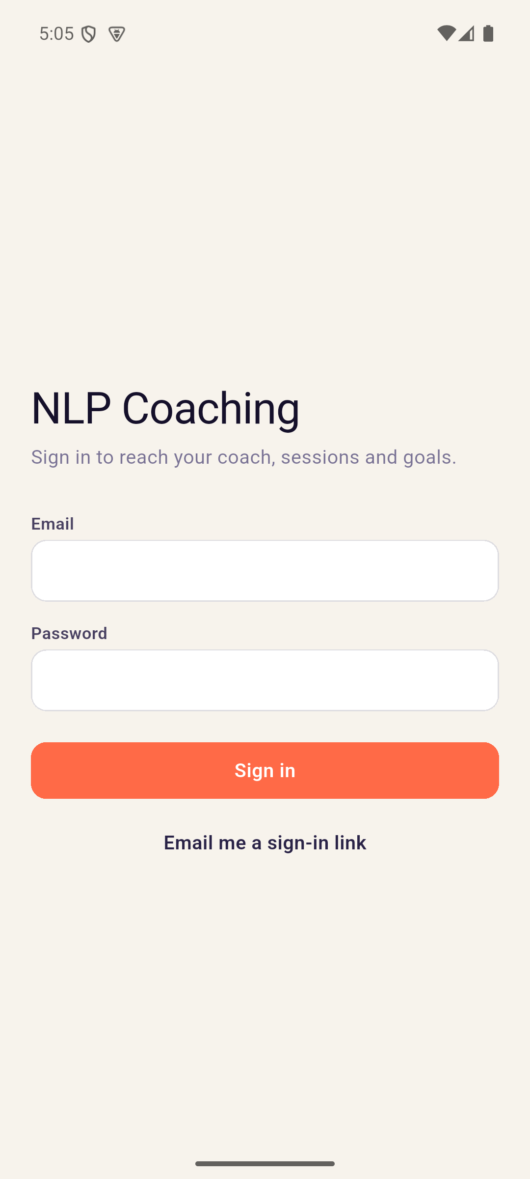 NLP Coaching client app sign-in screen