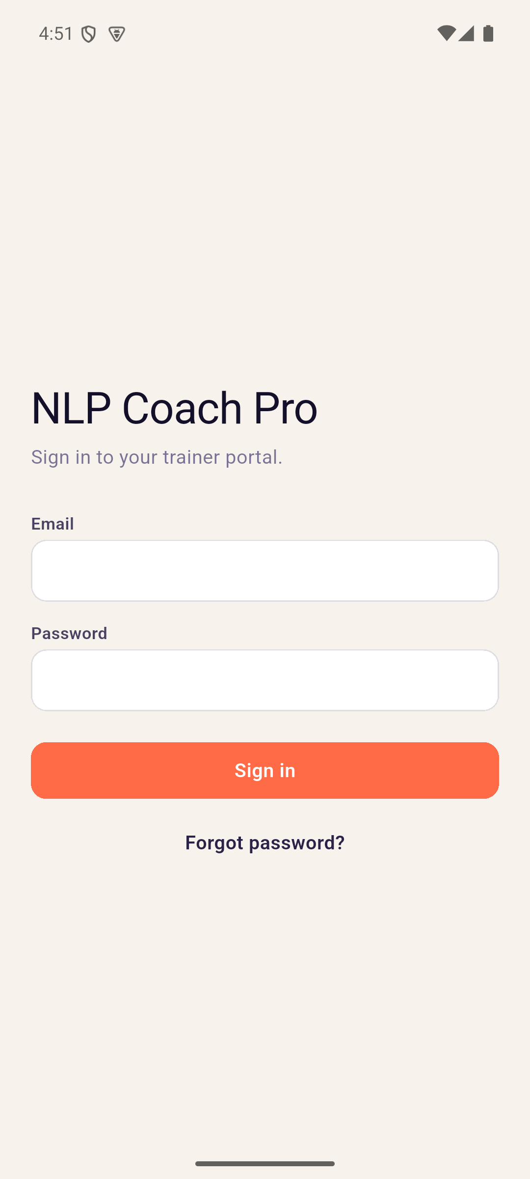 NLP Coach Pro trainer app sign-in screen