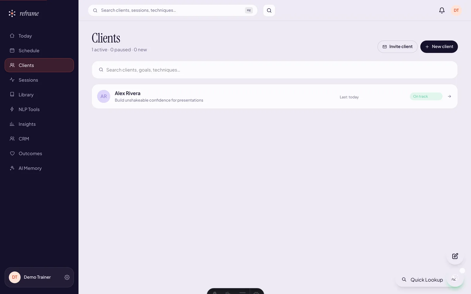 Reframe client management list with goals and status