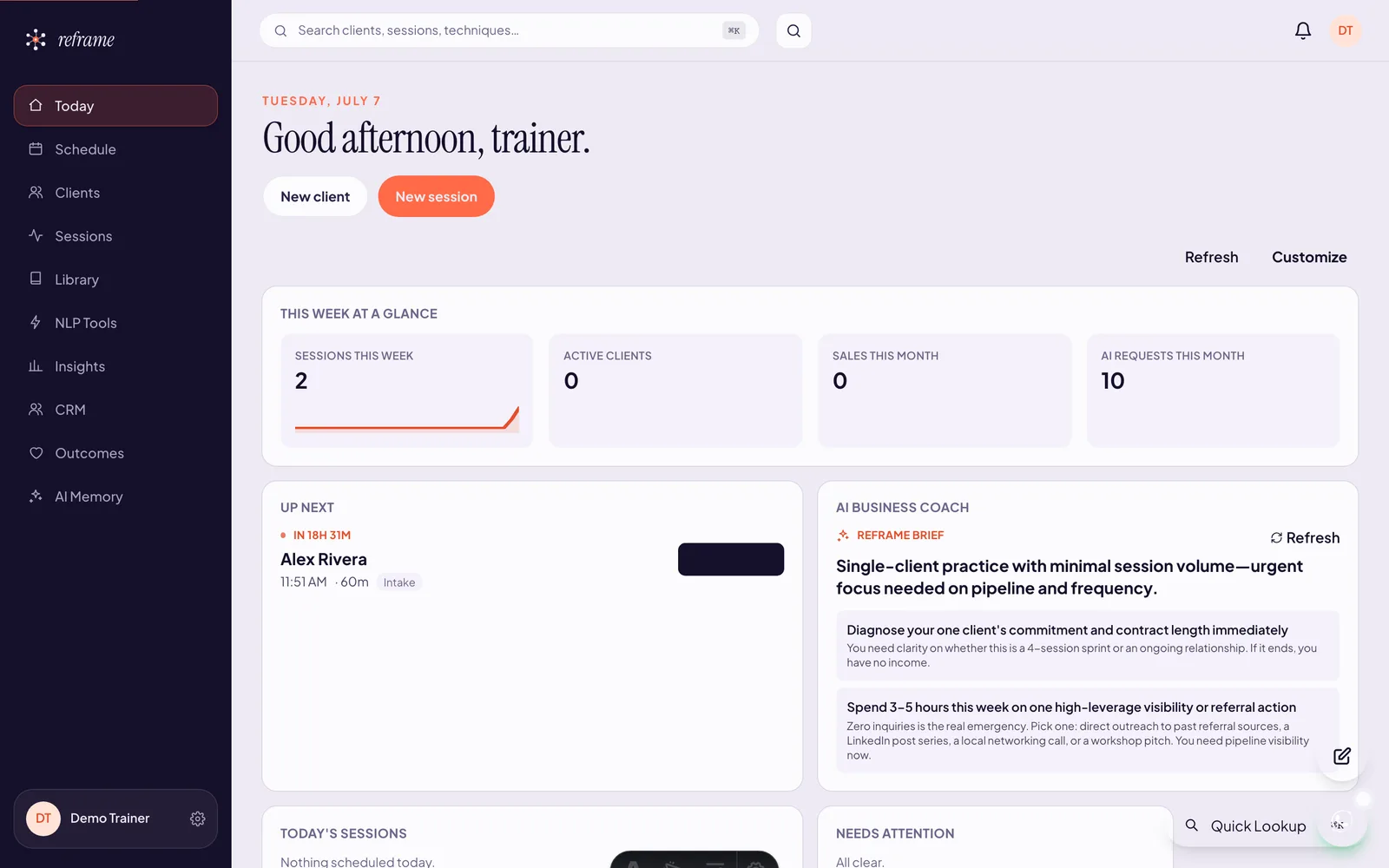 Reframe trainer dashboard showing today's sessions and AI business brief