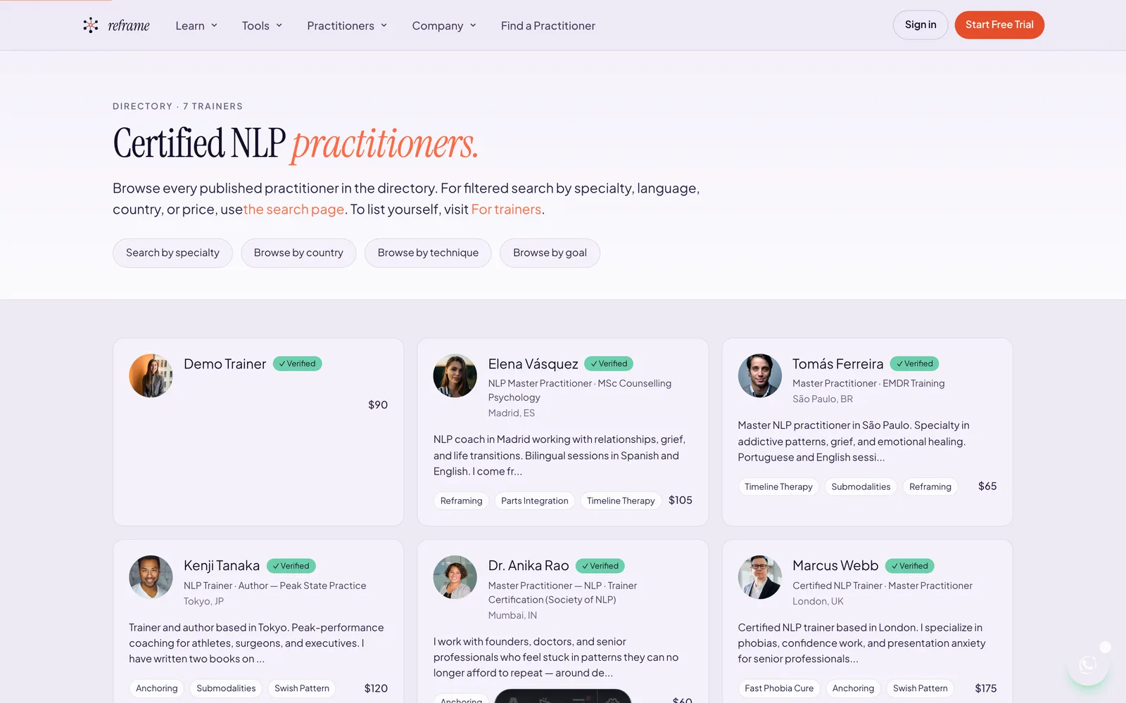 Reframe directory of verified NLP practitioners